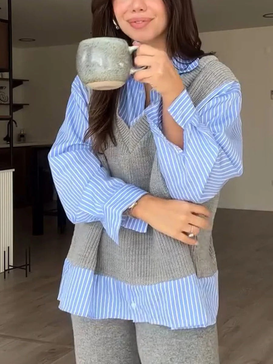 Ensemble deux pièces en tricot avec chemise rayée