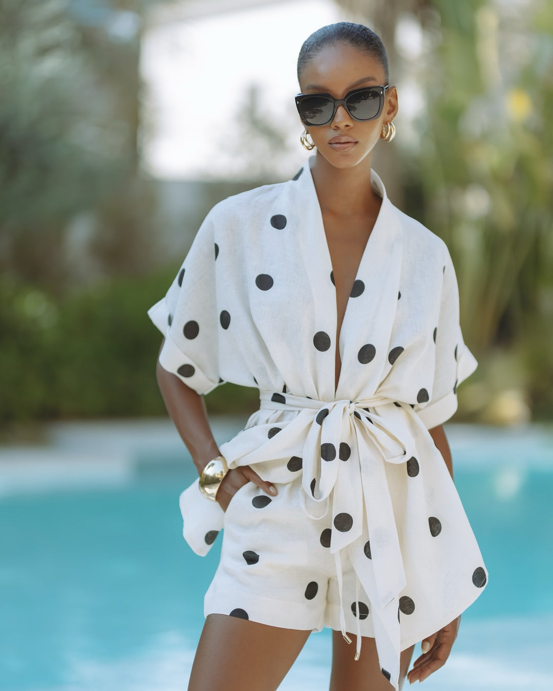 Ensemble kimono en lin à pois