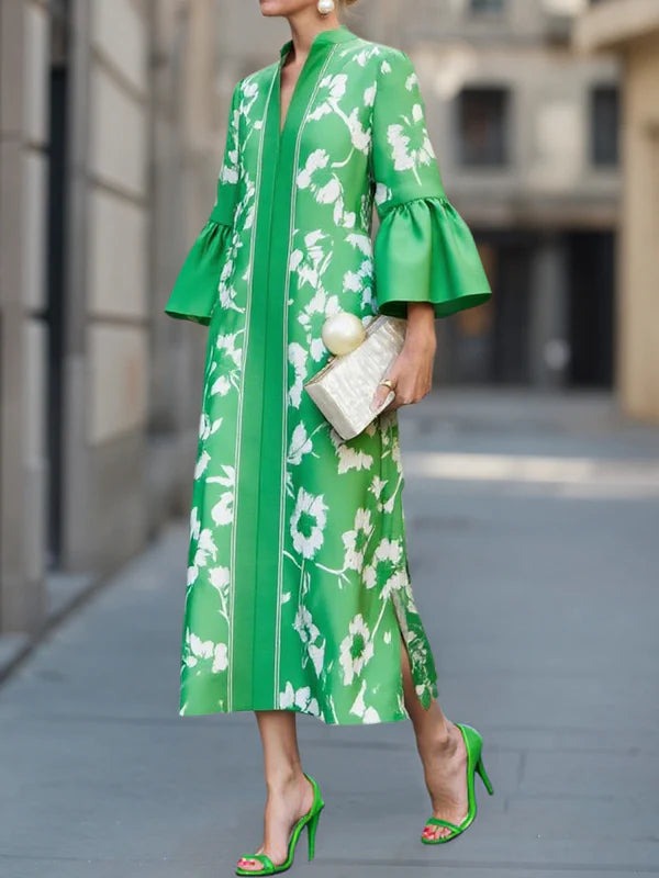 Robe ample à manches cloche et imprimé floral avec fente latérale