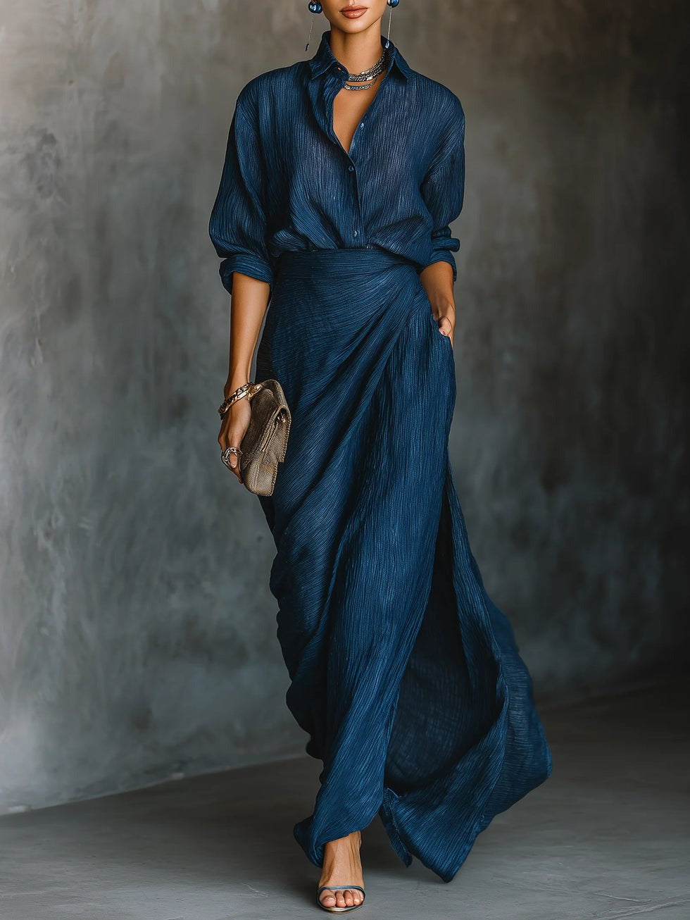 Ensemble élégant chemise et jupe longue en coton et lin