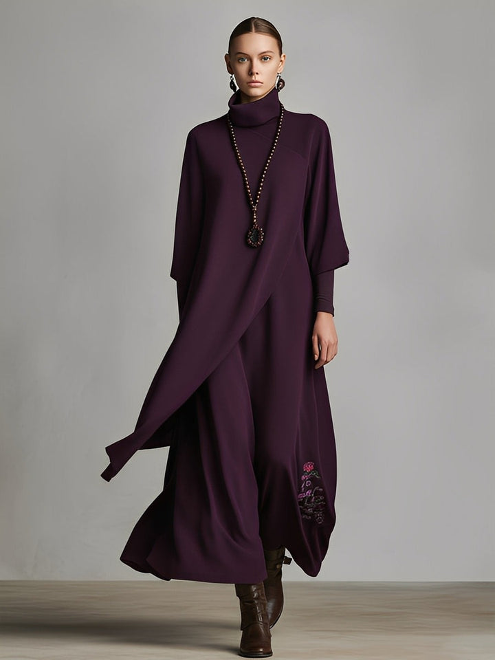 Robe longue élégante à col roulé brodée en jersey de coton