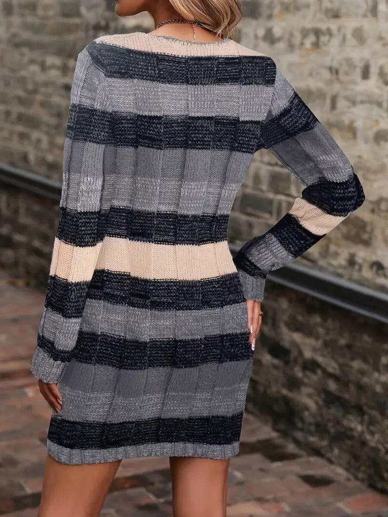 Robe Pull à Col en V à Blocs de Couleur