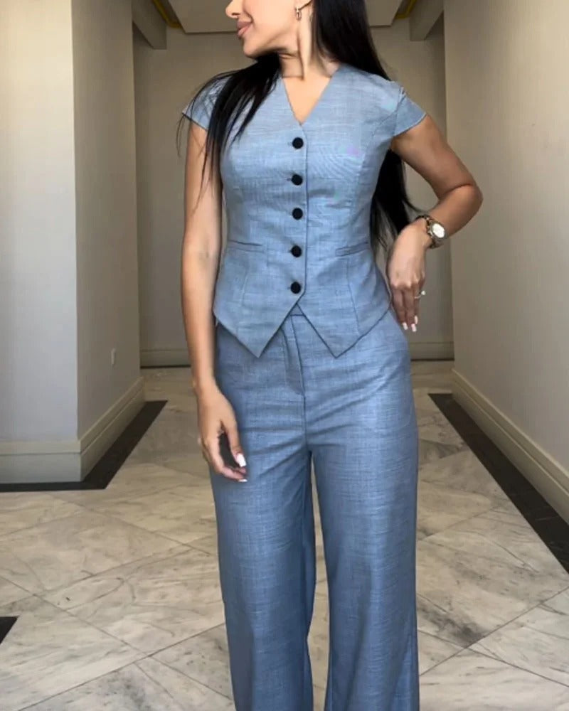 Ensemble deux pièces haut et pantalon à col en V tendance