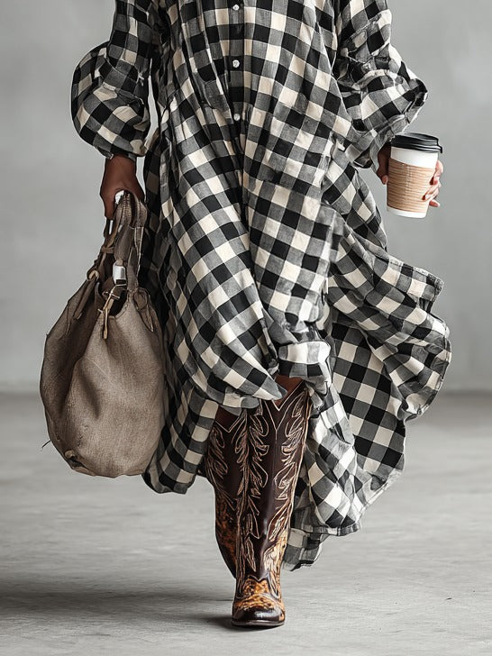 Robe longue minimaliste ample à carreaux