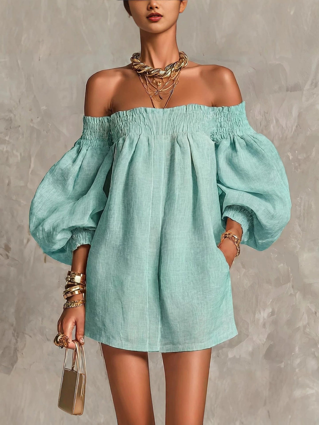 Cosima | Vestido A-Line con Mangas de Linterna y Hombros Descubiertos