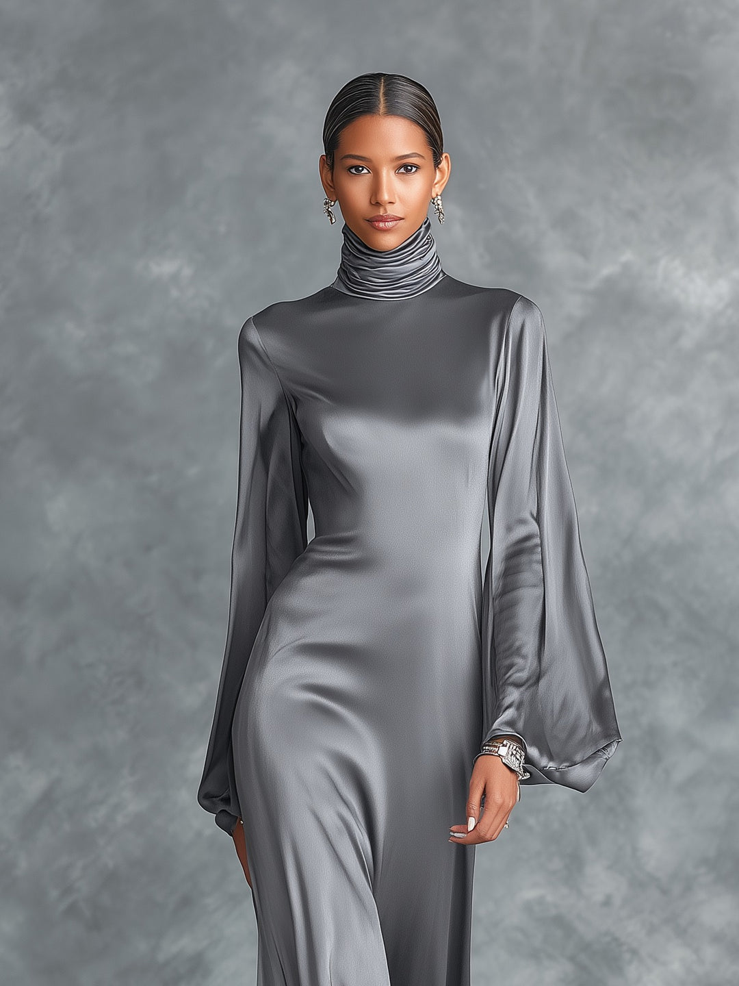 Robe longue ample à col montant et manches longues en satin gris