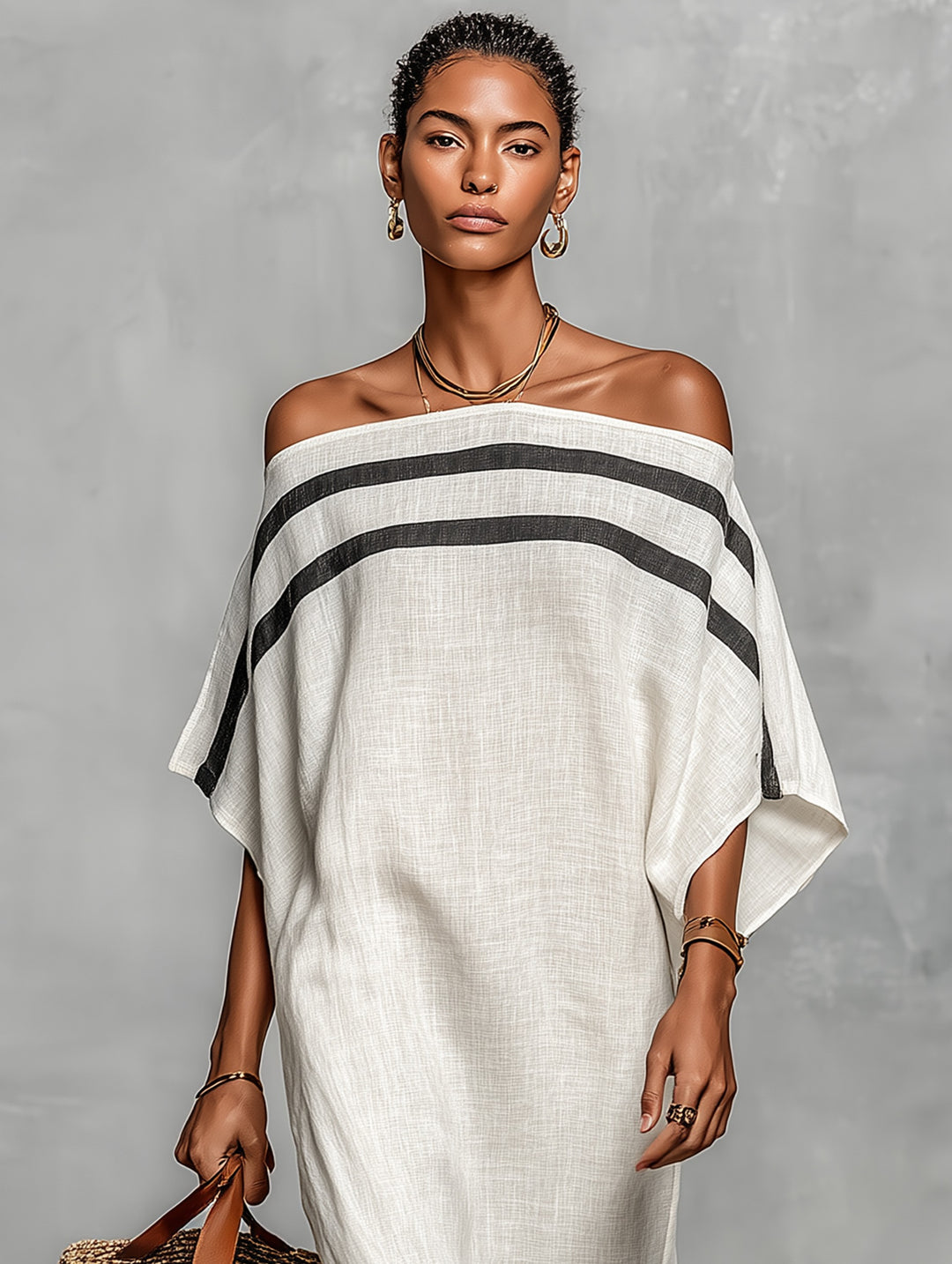 Robe longue en lin mélangé épaules dénudées