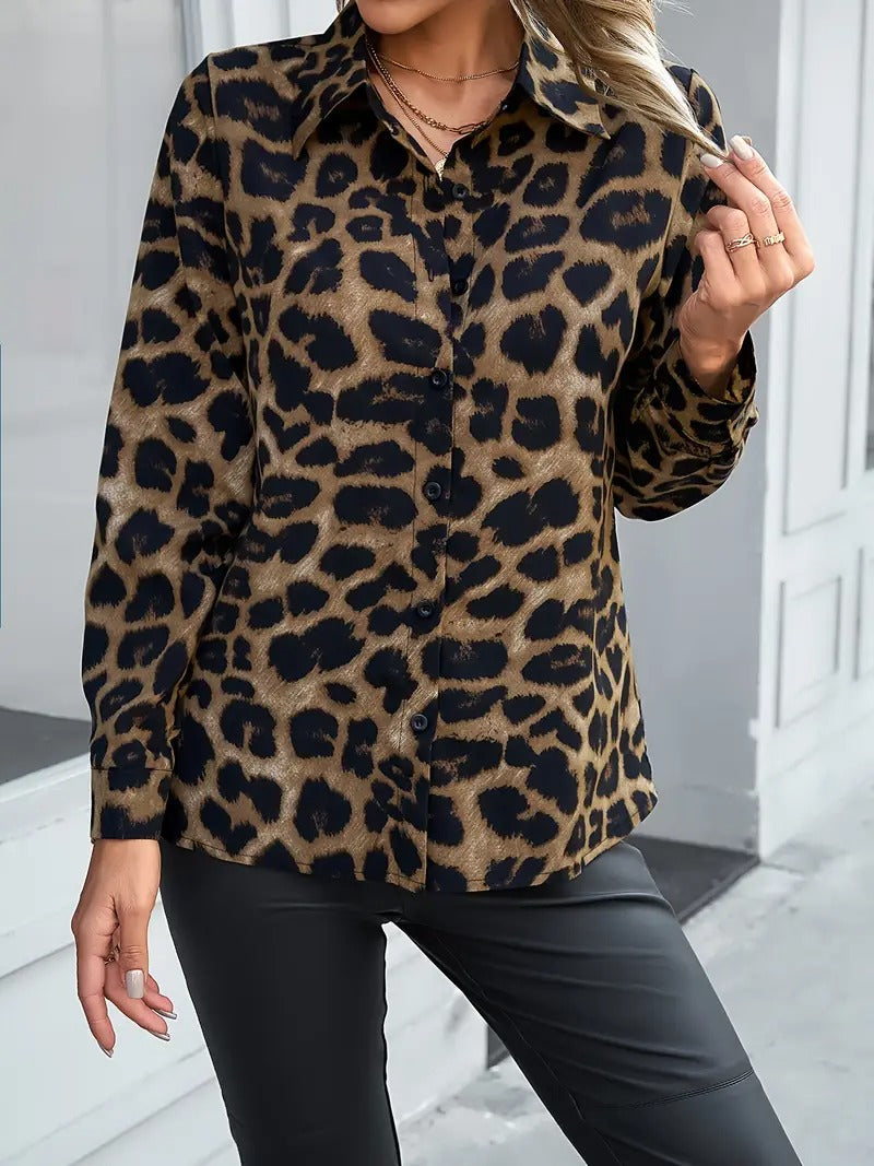 Chemise Boutonnée À Col Polo Imprimé Léopard