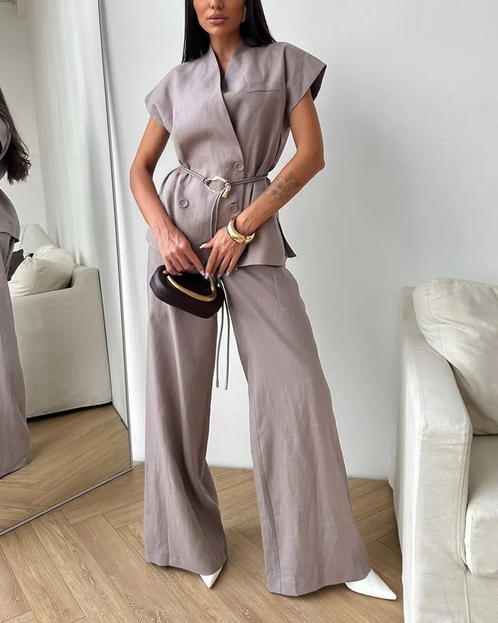 Ensemble deux pièces haut et pantalon en lin à double boutonnage