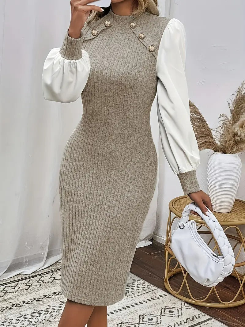Robe boutonnée à manches lanterne en tricot