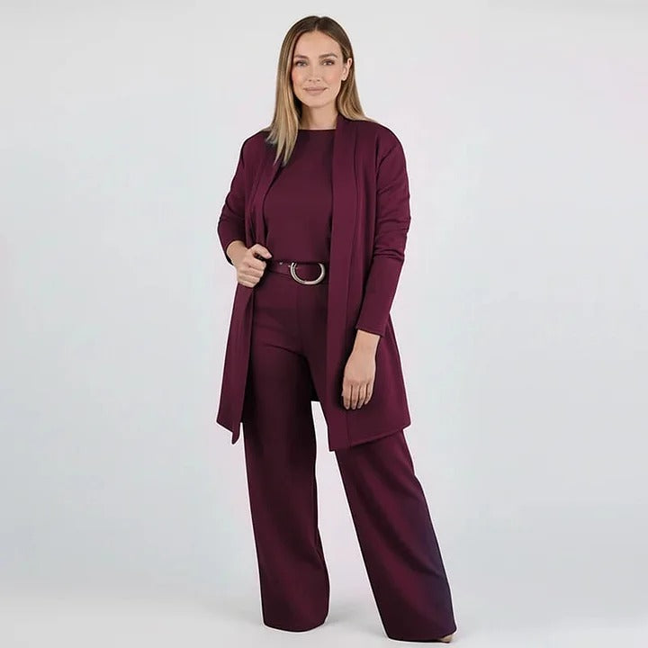 Ensemble 3 pièces comprenant un long cardigan, un top et un pantalon ( ceinture incluse )