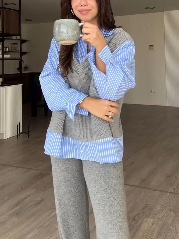 Ensemble deux pièces en tricot avec chemise rayée