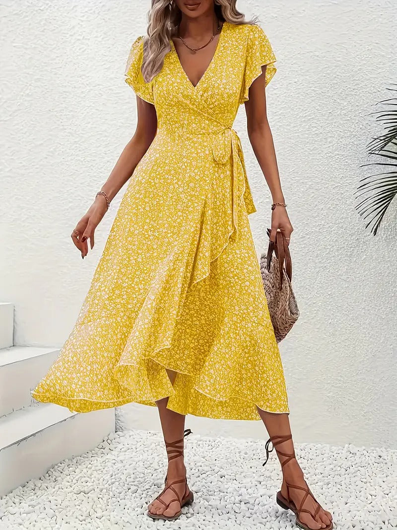 Robe mi-longue élégante à motifs floraux