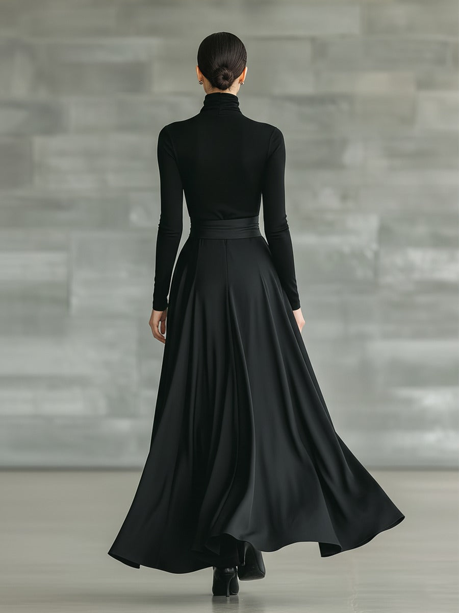 Robe longue évasée à col montant en maille extensible