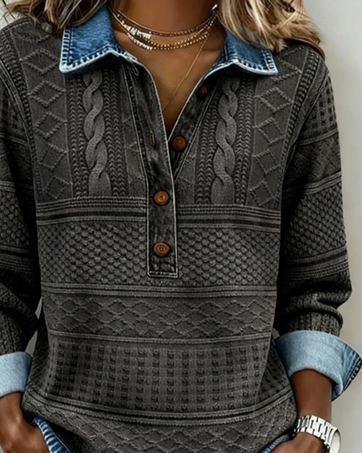 SOFIA – Sweat en Maille Tressée avec Détails en Denim