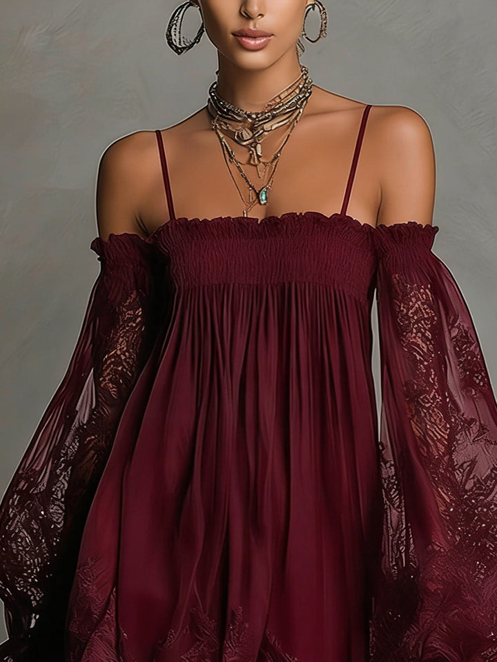Louisa | Vestido de Chifón con Mangas de Encaje y Hombros Descubiertos