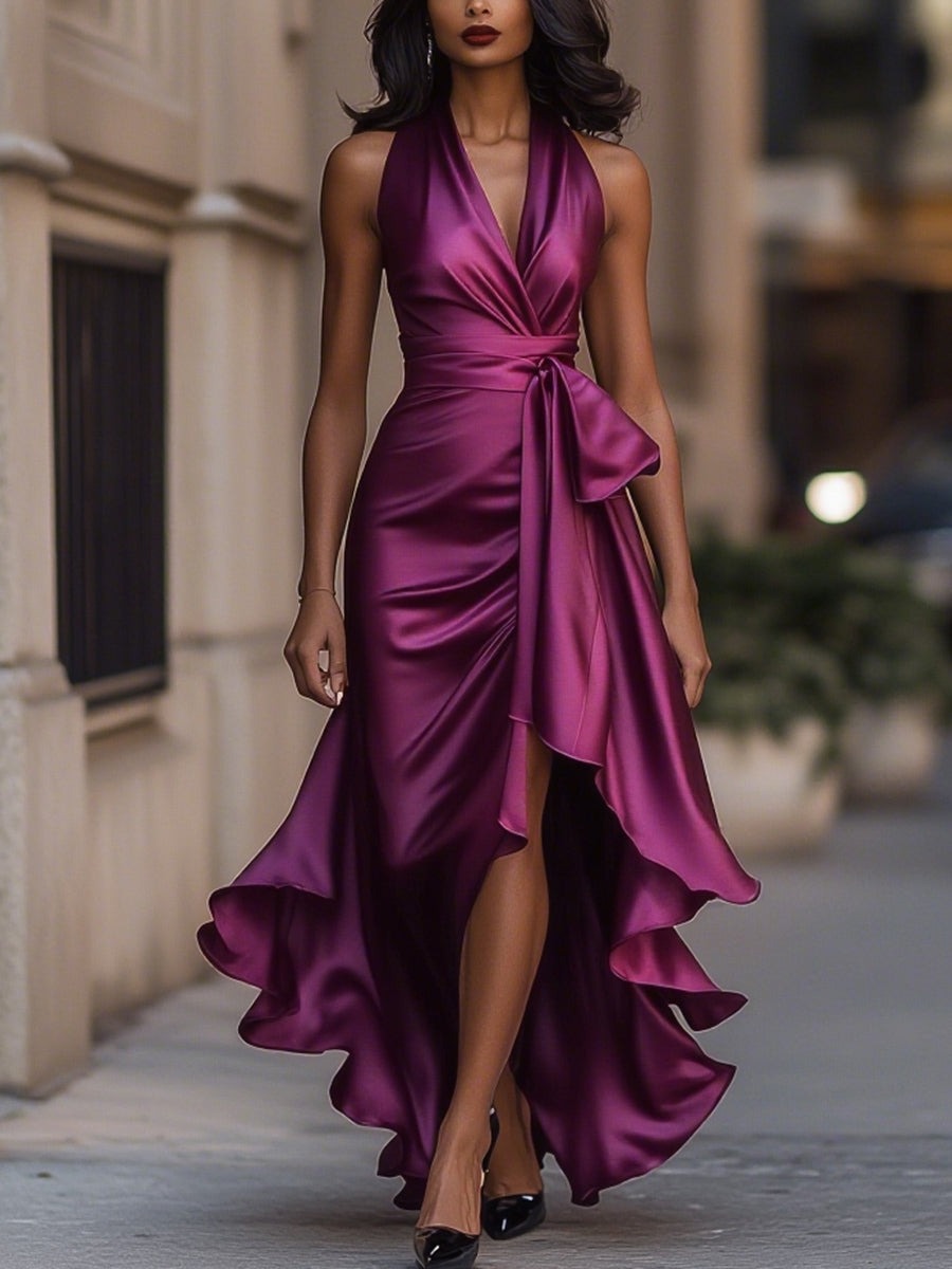 Robe dos nu en satin à volants Midnight Elegance