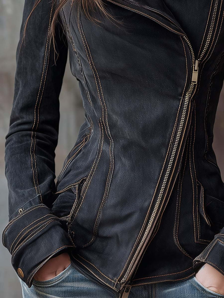 Veste de motard en denim délavé vintage