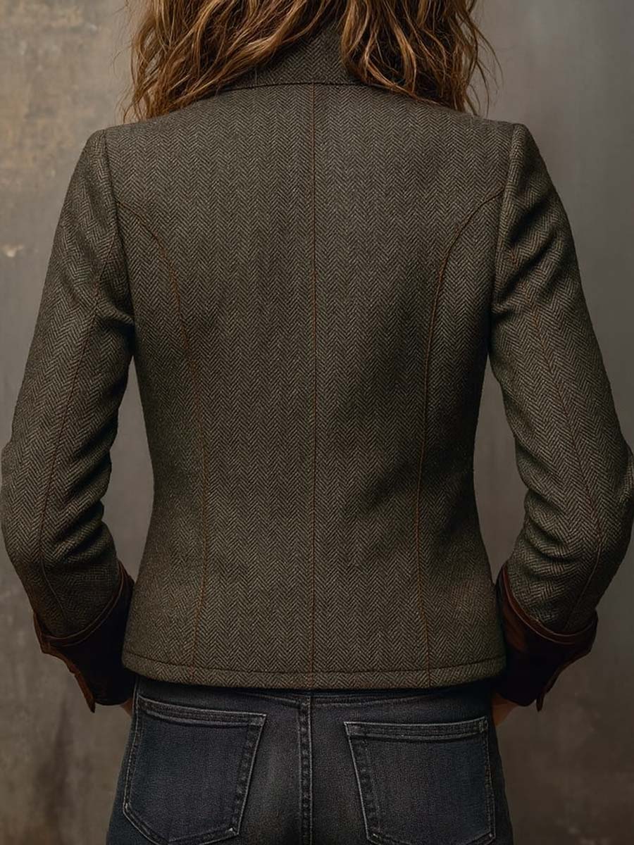 Blazer de Mujer Vintage con Contraste en Herringbone