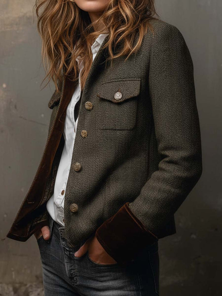 Blazer de Mujer Vintage con Contraste en Herringbone