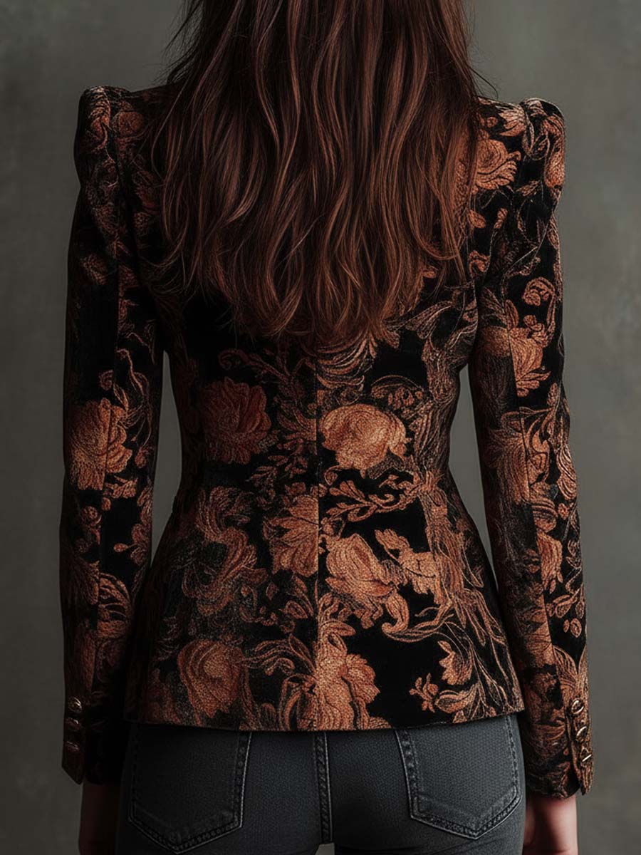 Blazer Entallado Floral Negro y Bronce para Mujeres