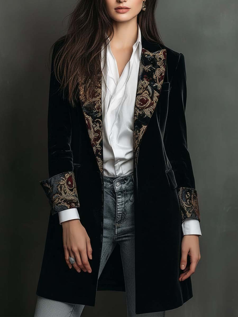 Blazer Slim Fit de Mujer con Estampado Barroco Negro