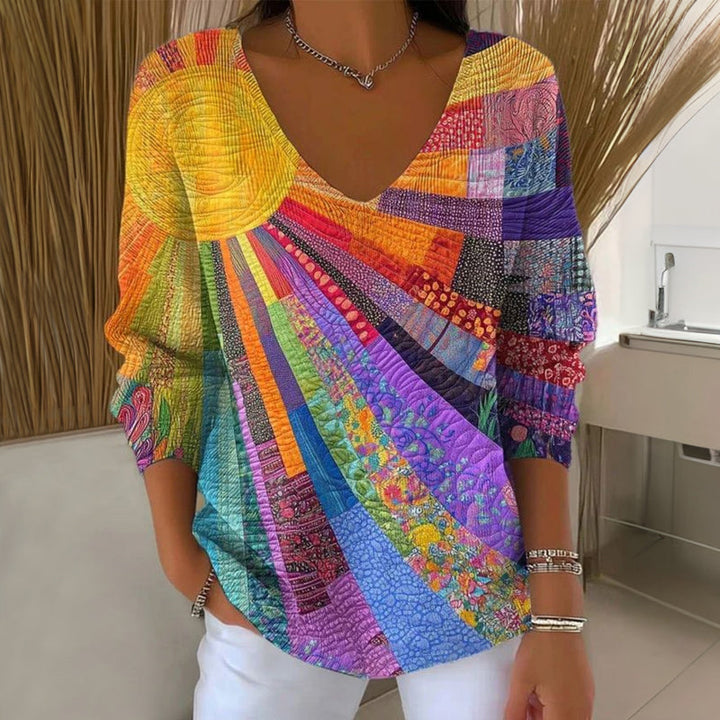 PRINTED V-NECK PULLOVER FOR WOMEN