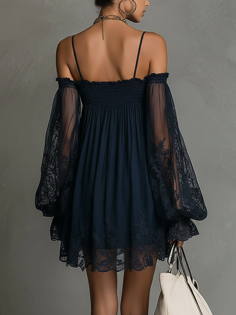 Louisa | Vestido de Chifón con Mangas de Encaje y Hombros Descubiertos