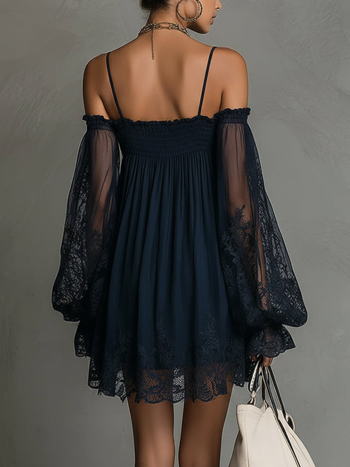 Louisa | Vestido de Chifón con Mangas de Encaje y Hombros Descubiertos