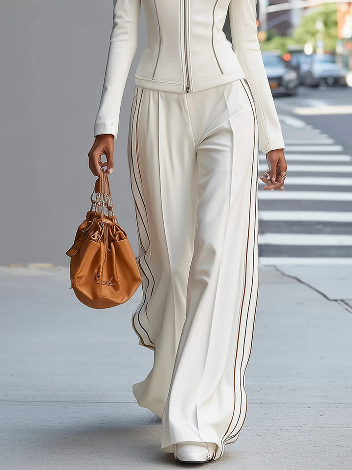 Ensemble pantalon blanc à col montant et fermeture éclair