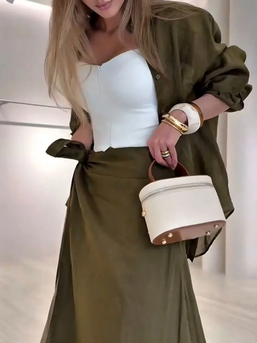 Ensemble deux pièces décontracté à lacets vert olive