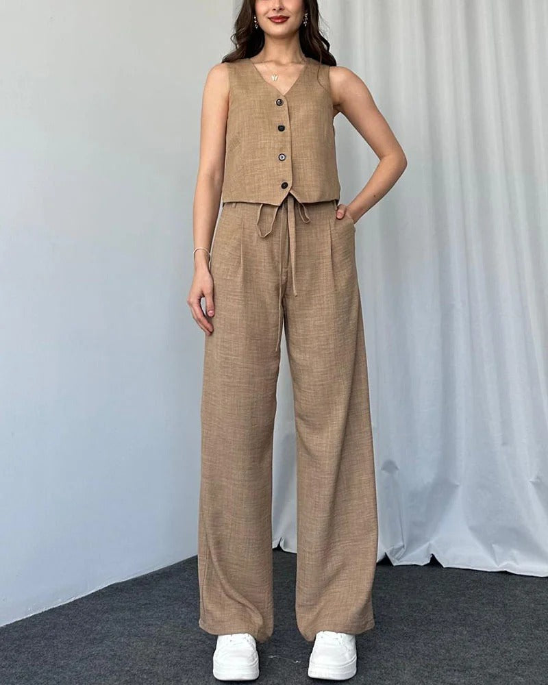 Ensemble deux pièces gilet décontracté de couleur unie