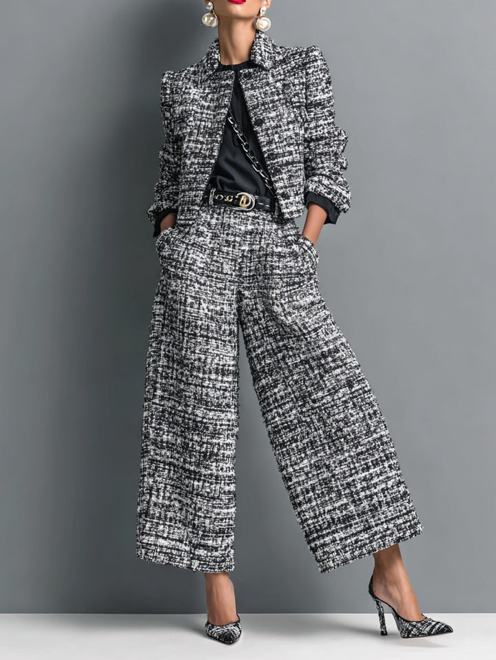 Ensemble veste courte et pantalon large en tweed mélangé