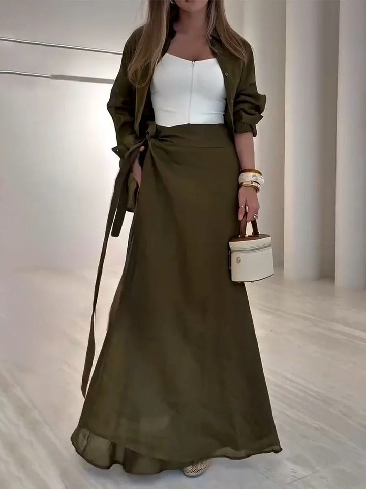 Ensemble deux pièces décontracté à lacets vert olive
