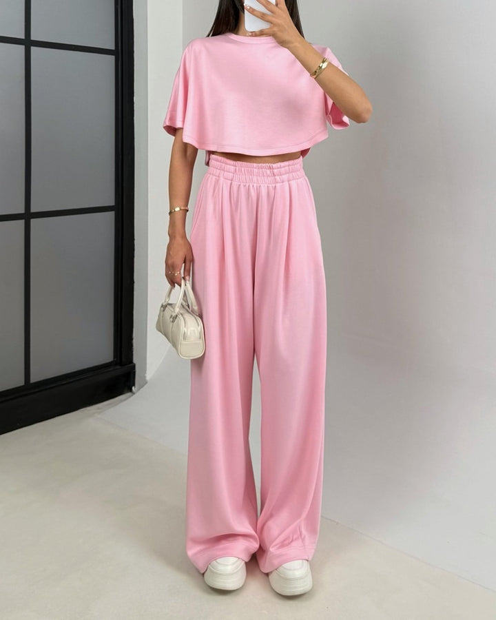 Ensemble deux pièces t-shirt et pantalon à col châle tendance
