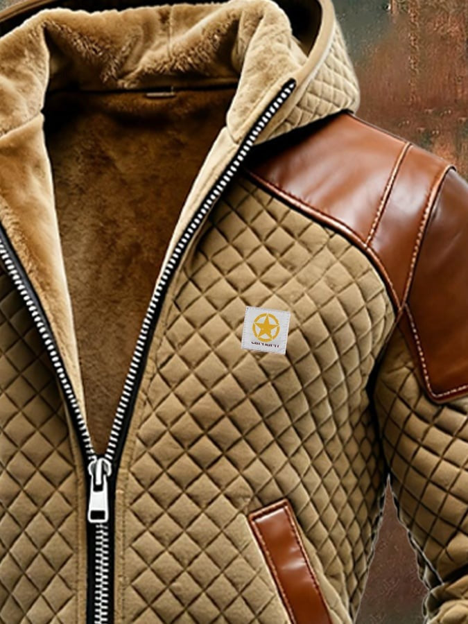 Veste à carreaux et patchwork en cuir pour homme