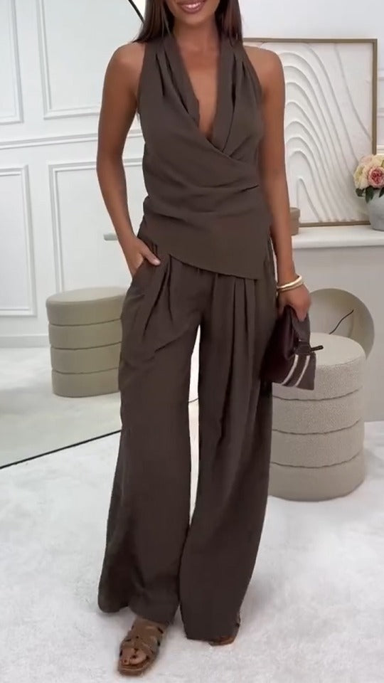 Ensemble décontracté haut et pantalon à col en V