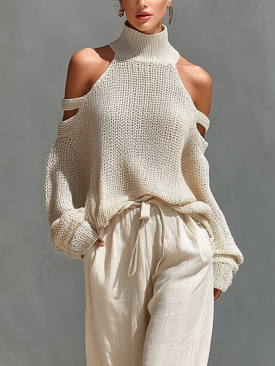 Ensemble haut à col roulé à épaules dénudées en maille et pantalon large