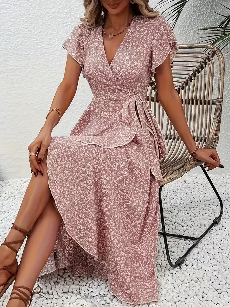 Robe mi-longue élégante à motifs floraux