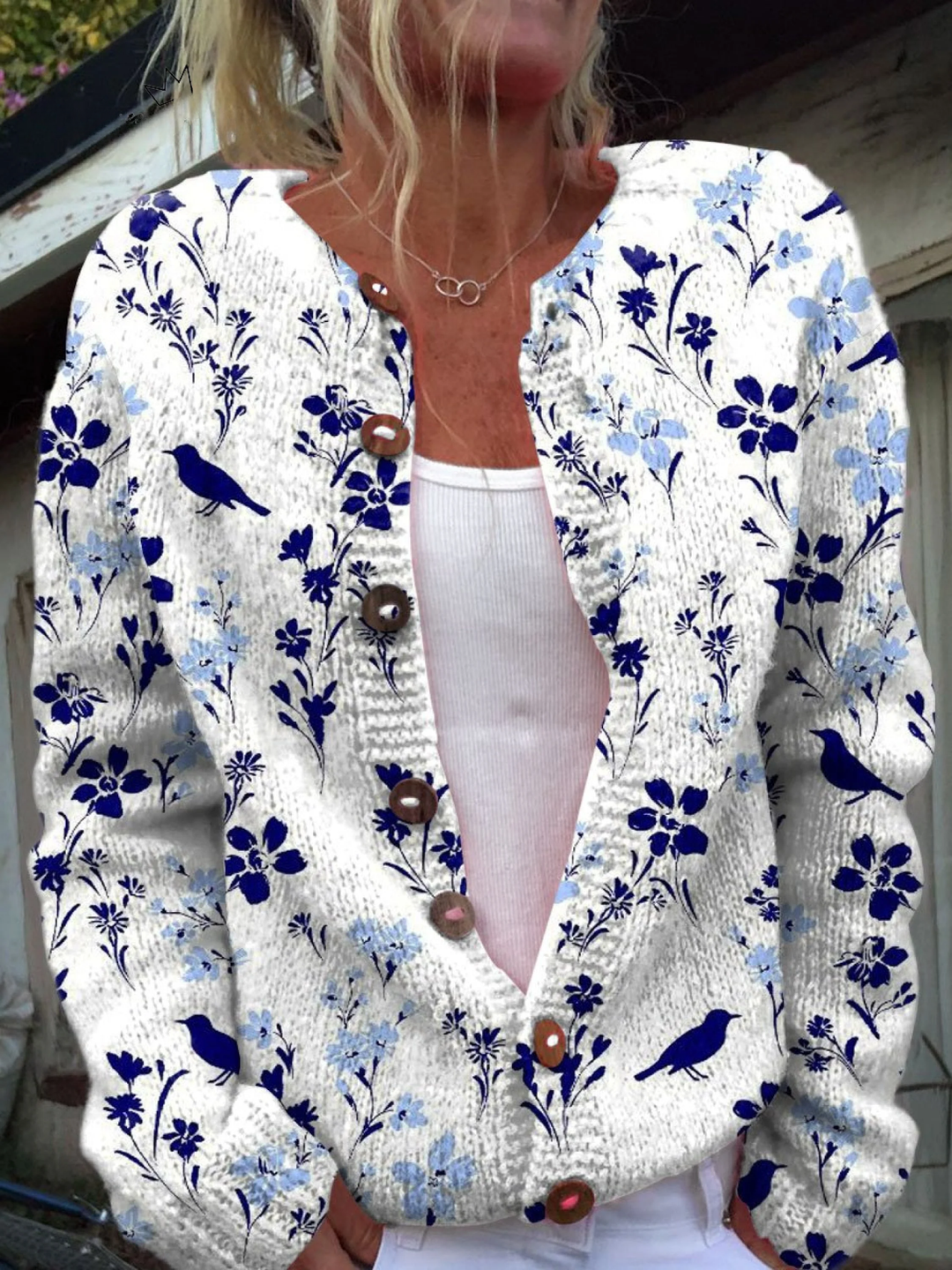 Franca™ | Cardigan in Knit with Vintage Floral and Bird Print