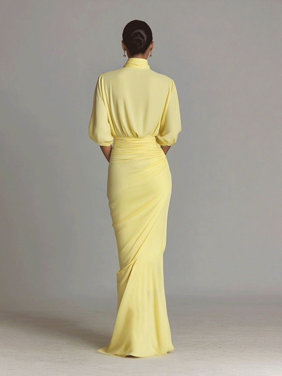 Robe longue drapée jaune vif confortable