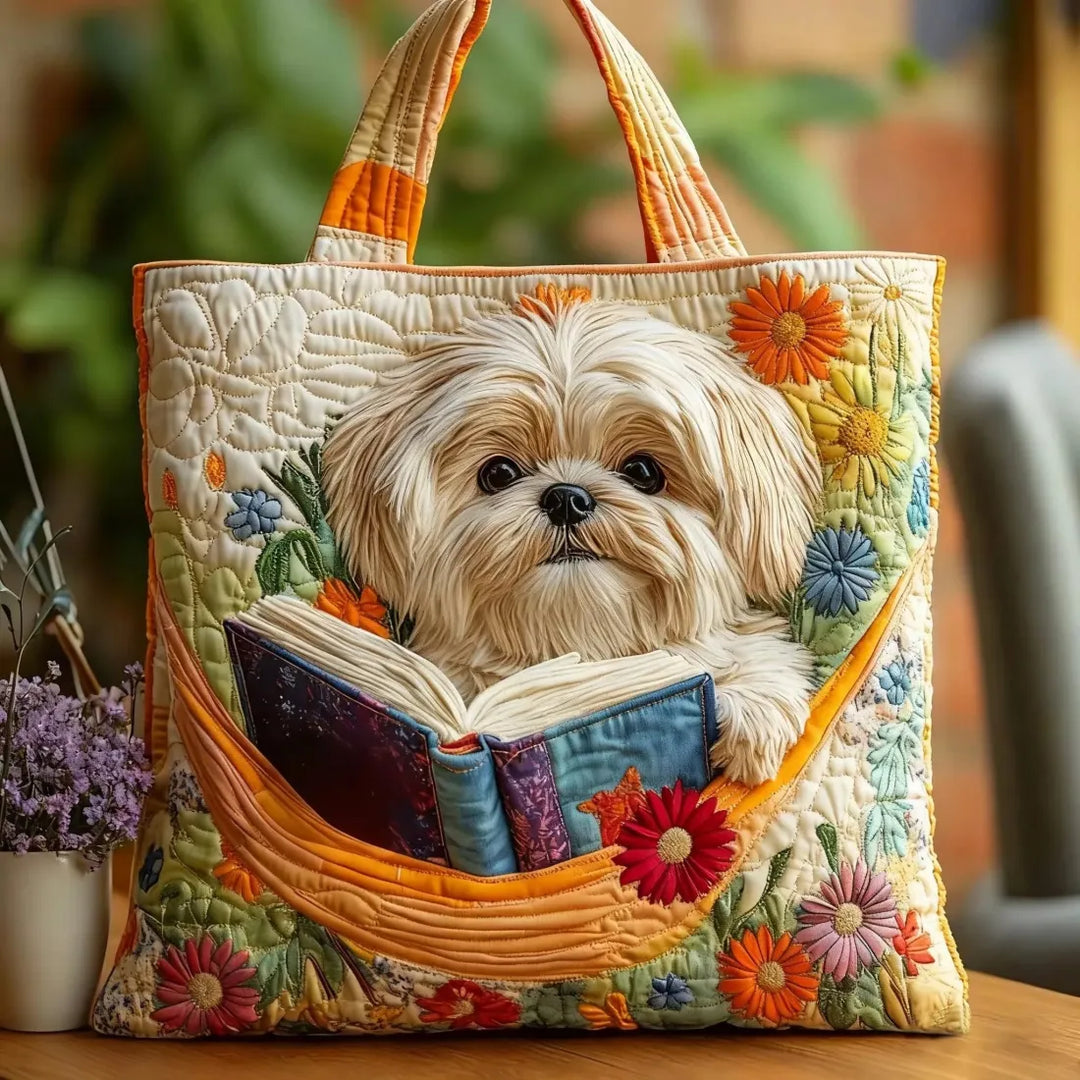 Handmade Tote Bag - Shih Tzu with Books and Flowers