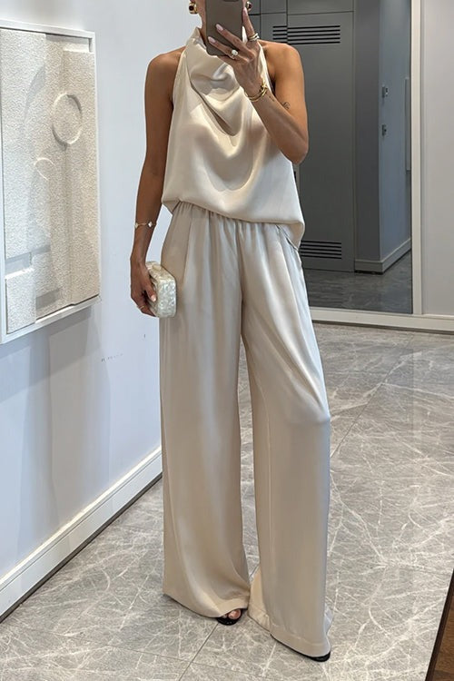 Ensemble en satin à col bénitier et pantalon taille large