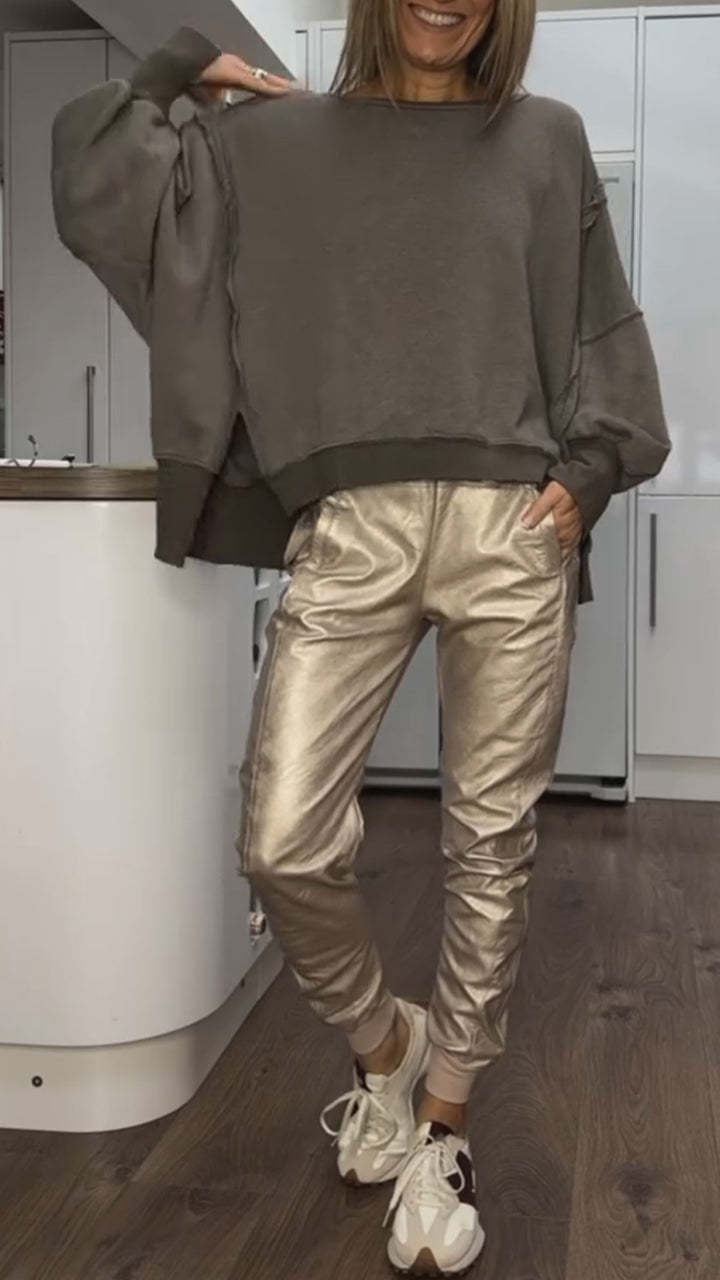 Ensemble haut décontracté à col rond et pantalon en cuir