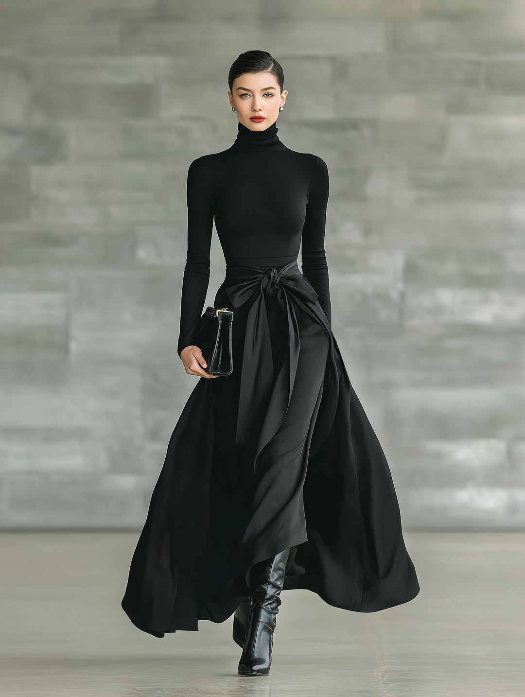 Robe longue évasée à col montant en maille extensible