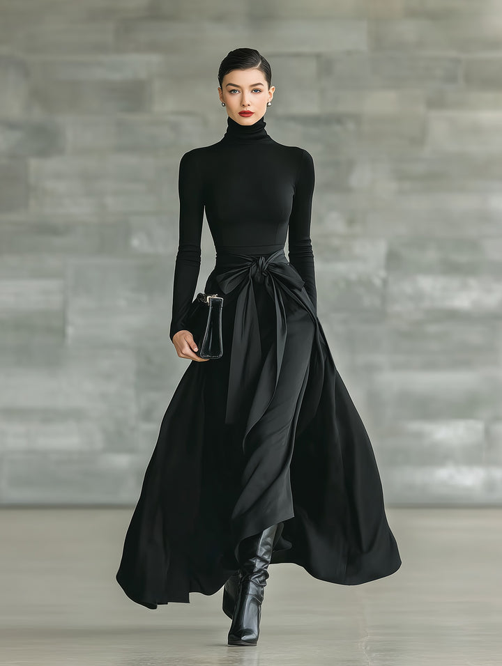 Robe longue évasée à col montant en maille extensible