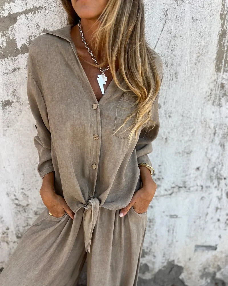 Ensemble deux pièces décontracté avec chemise unie et jambe large