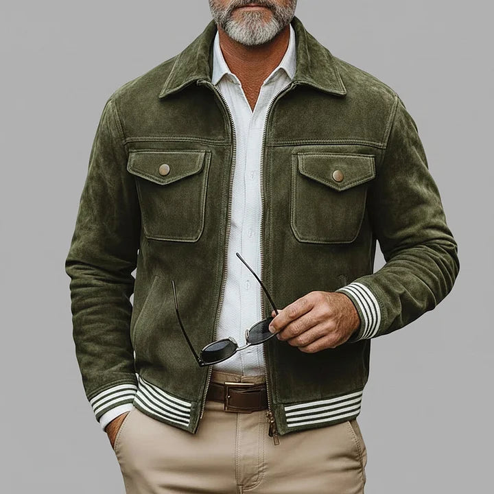 Retro Suede Jacket in Khaki Green