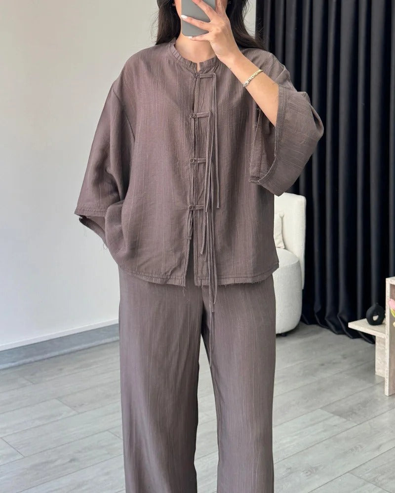 Ensemble deux pièces chemise boutonnée et pantalon tendance
