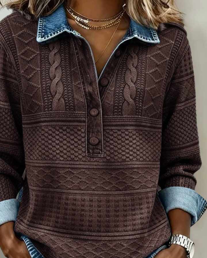 SOFIA – Sweat en Maille Tressée avec Détails en Denim